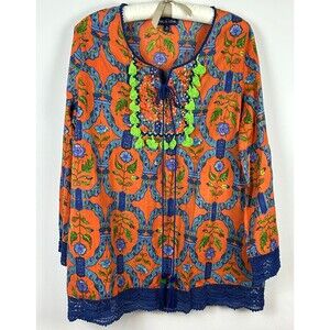Fig & Vine Orange Blue Cotton Embroidered Fringe Tunic BoHo Top NEW Size XL